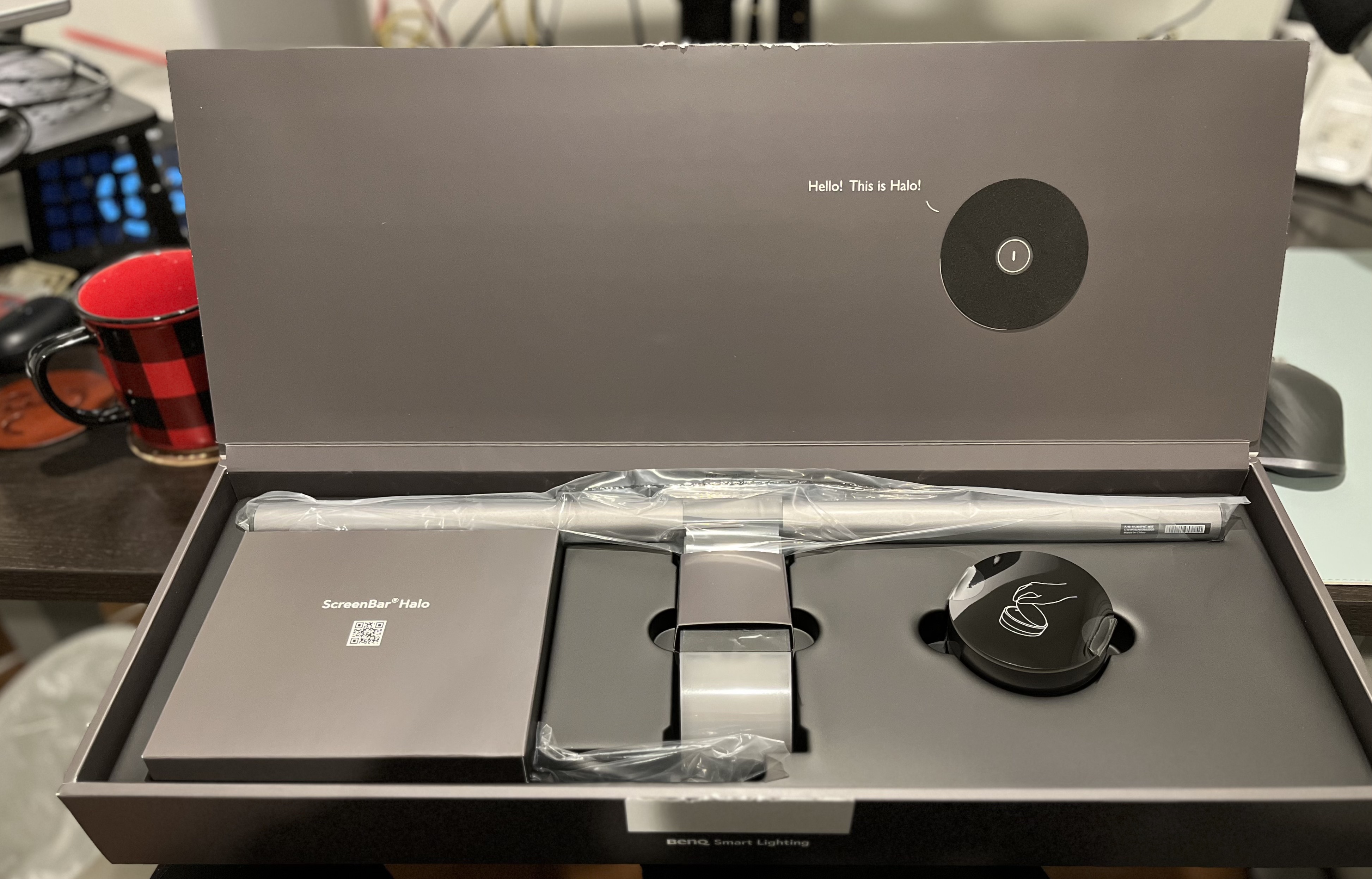 BenQ ScreenBar Halo Monitor Light in the box it shipped in with the box open displaying the pieces